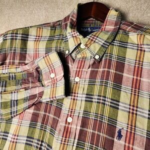 Polo Ralph Lauren Plaid Button Down Shirt Mens XXTL Olive Burgundy Cotton  Logo